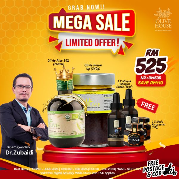 OLIVIE POWER UP 340G + OLIVIE PLUS 250ML + FREE 2x HABBATUS SAUDA 50ML + FREE 2x MADU KYRGYZSTAN 50G